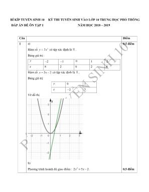Đáp án đề ôn tập 1 - Kỳ thi tuyển sinh vào Lớp 10 Trung học Phổ thông môn Toán - Năm học 2018-2019 - Bí kíp tuyển sinh 10